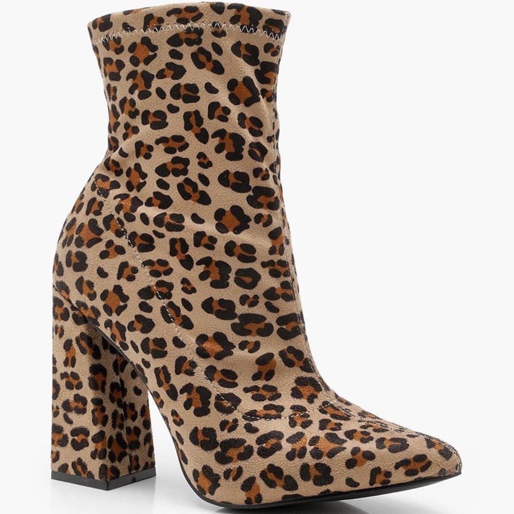 Leopard Print suede Heel Sock Boots block heel
